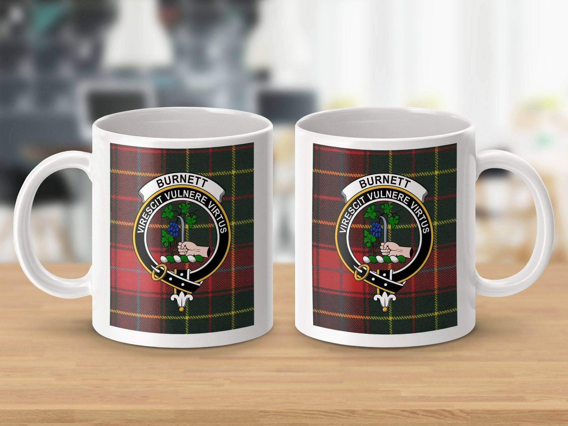 Burnett Family Crest on Plaid Pattern Mug product type