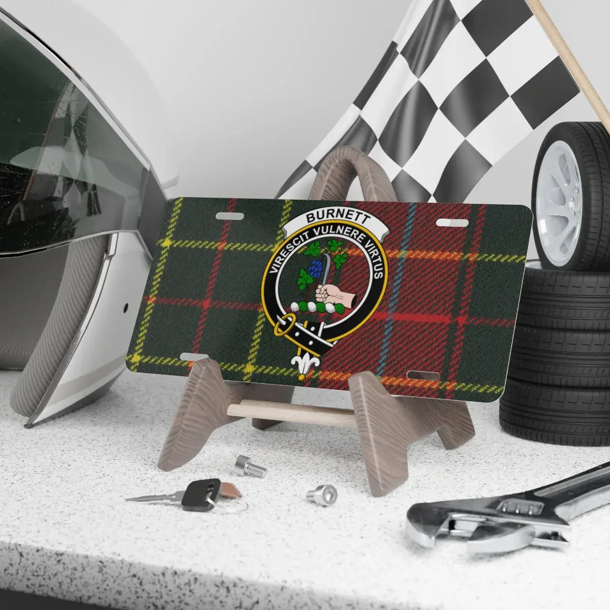 Clan Burnett virescit vulnere virtus tartan crest license plate — 100% aluminium, 12x6 inch