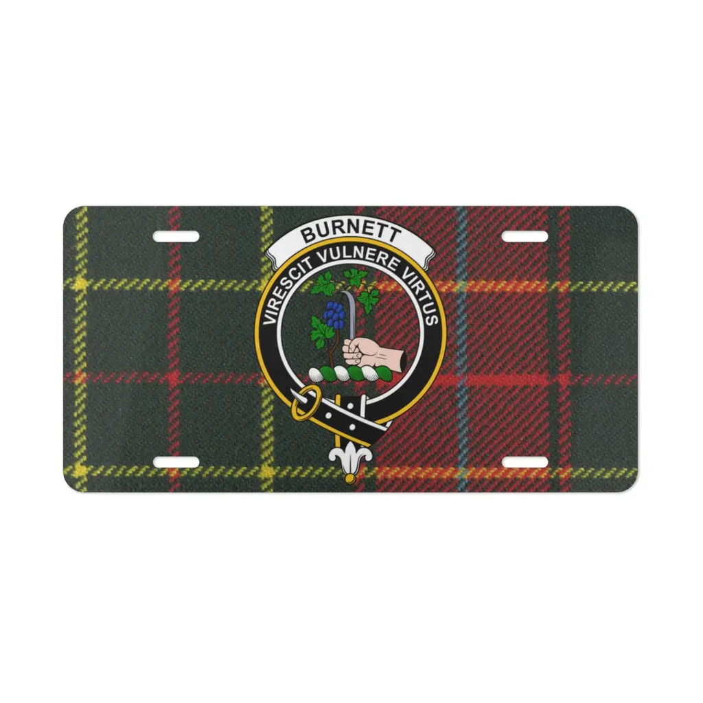 Burnett clan crest tartan design auto license plate — Scottish heritage