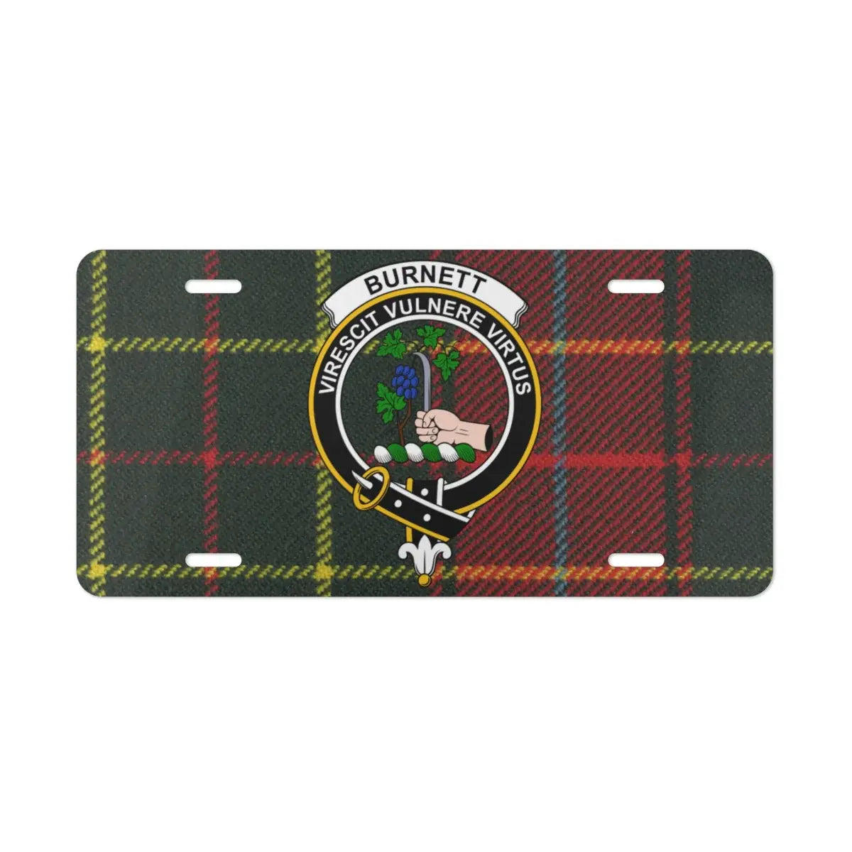 Burnett clan crest tartan design auto license plate — Scottish heritage
