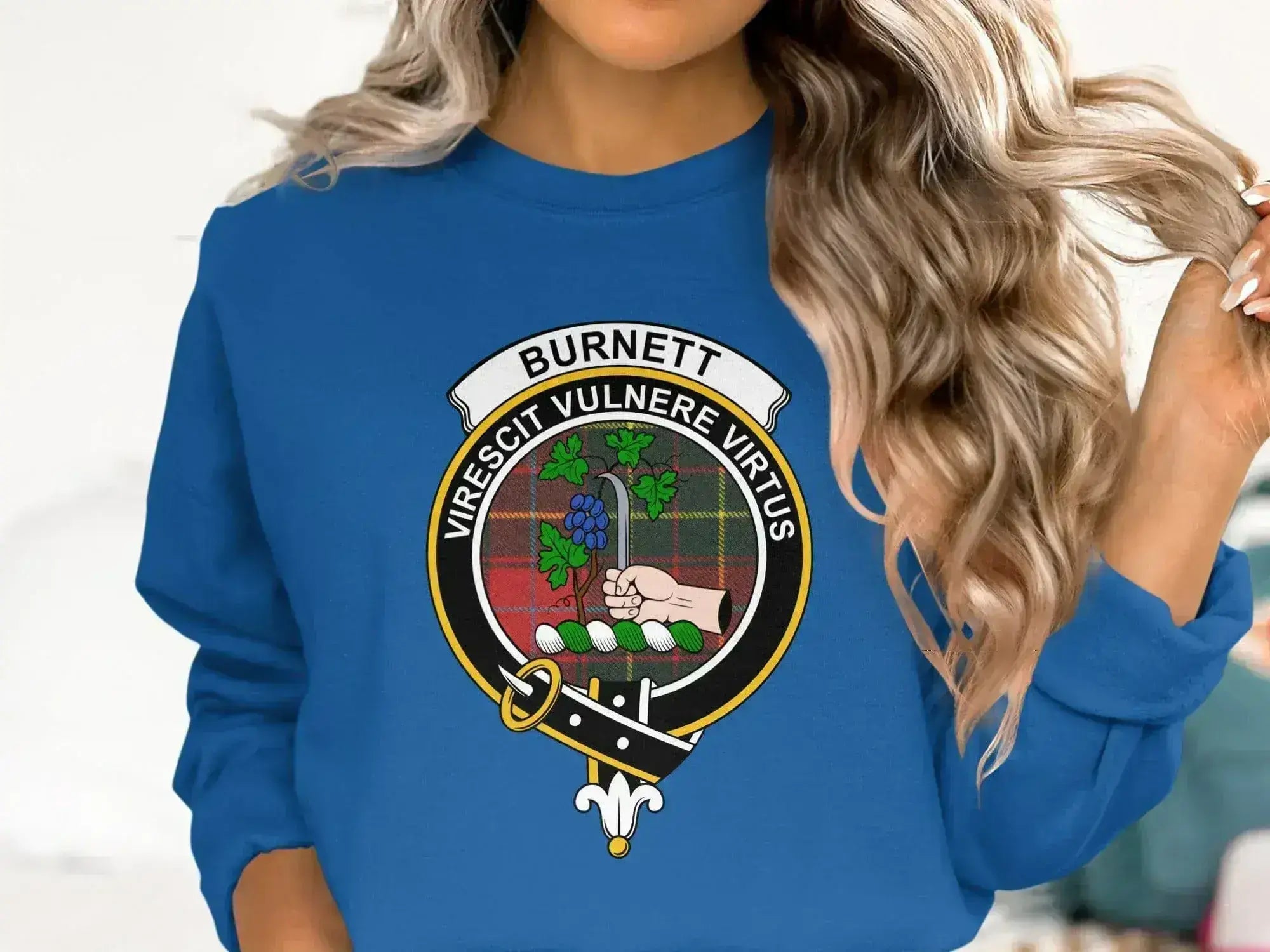 Clan Burnett virescit vulnere virtus sweatshirt — royal blue, front view