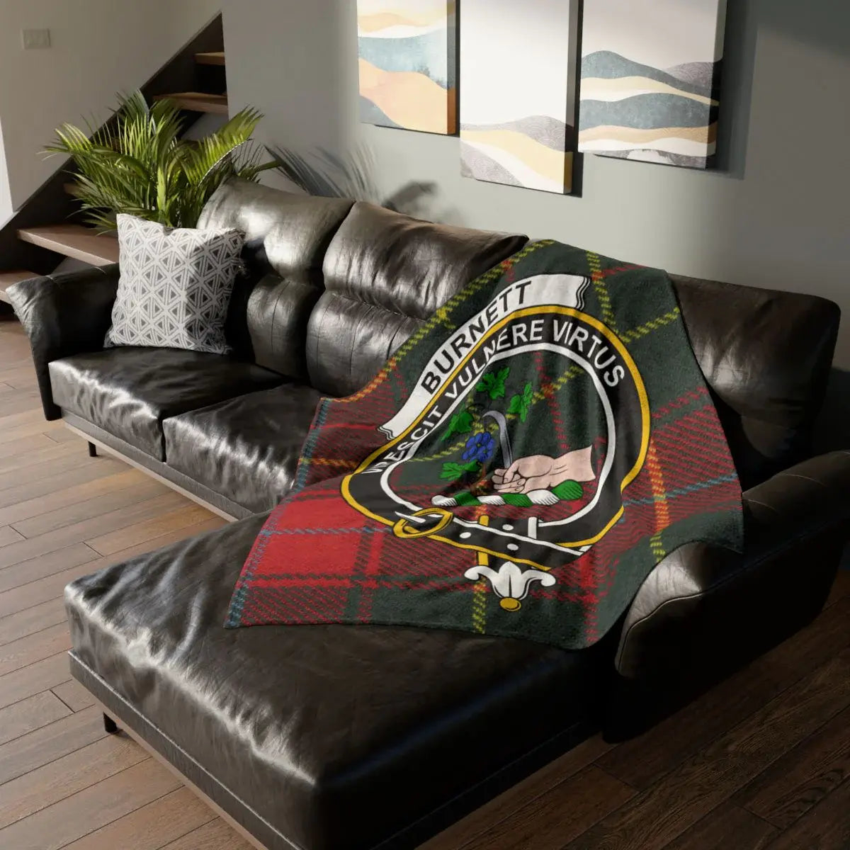 Clan Burnett virescit vulnere virtus crest tartan throw blanket — 100% polyester, sofa display