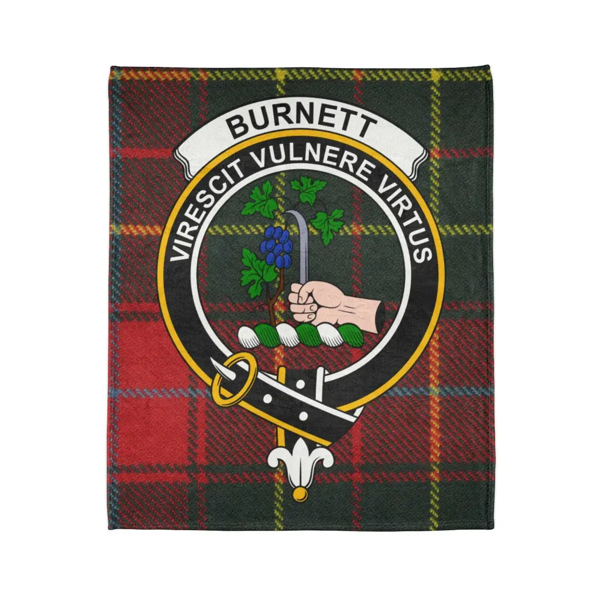Burnett virescit vulnere virtus emblem throw blanket — crest detail on polyester
