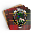 Clan Burnett crest tartan coaster — glossy cork square, 3.75 inch, single view