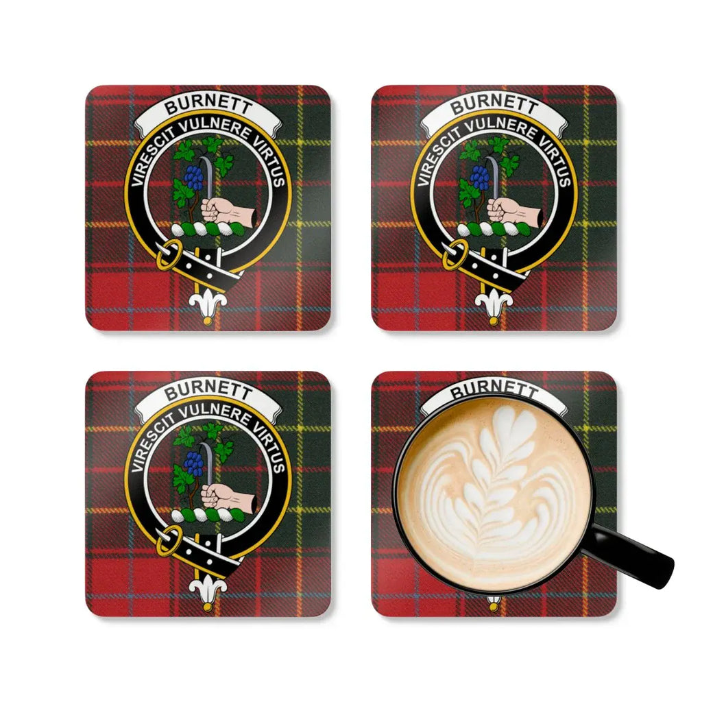 Burnett clan tartan coaster set — four cork coasters, crest and motto design