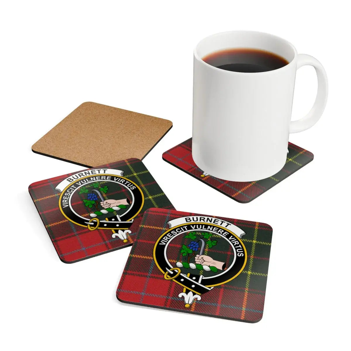 Clan Burnett crest tartan coaster set — set of 4, natural cork base