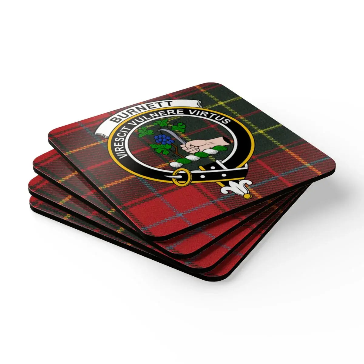 Burnett Virescit Vulnere Virtus coasters — glossy print on cork, table display