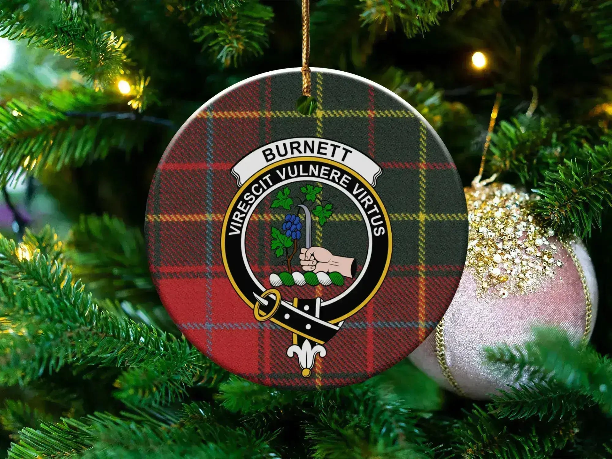 Clan Burnett tartan crest ceramic ornament — 3 inch round, double-sided with gold string