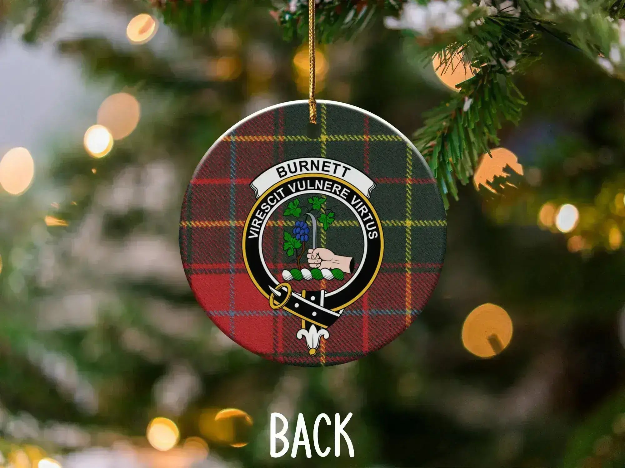 Burnett clan crest ornament front view — tartan background, Virescit Vulnere Virtus design