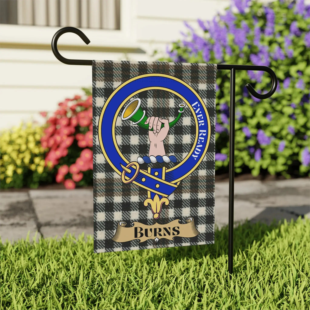 Burns tartan garden flag shown in 12x18 and 24x32 inch sizes