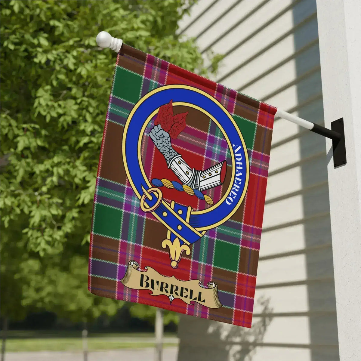 Burrell clan crest tartan garden flag for outdoor display