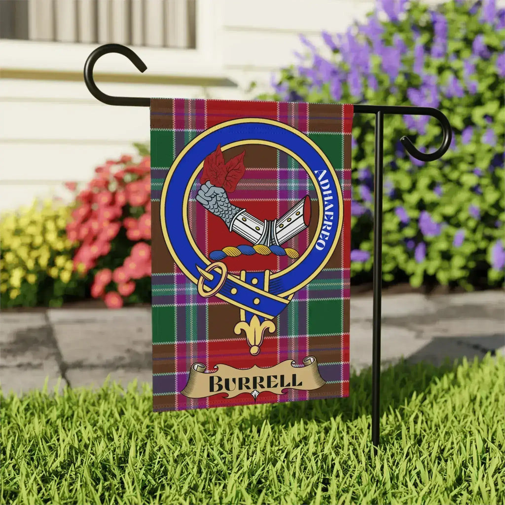 Burrell tartan garden flag shown in 12x18 and 24x32 inch sizes