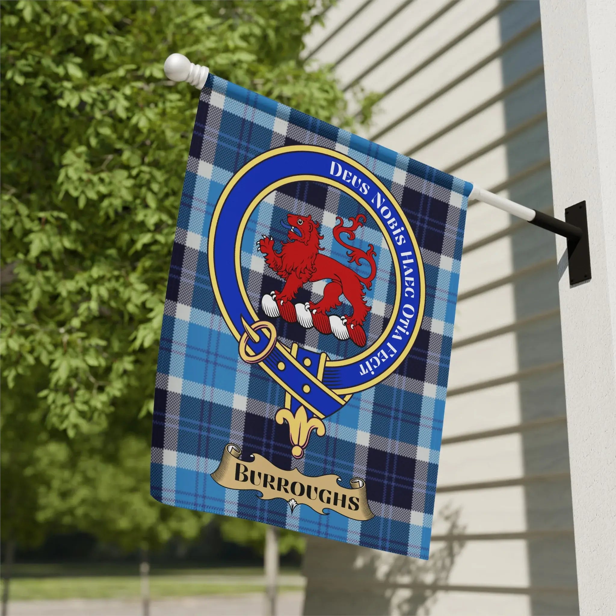 Burroughs family crest tartan garden flag for outdoor display
