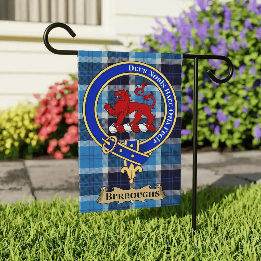 Burroughs tartan garden flag shown in 12x18 and 24x32 inch sizes