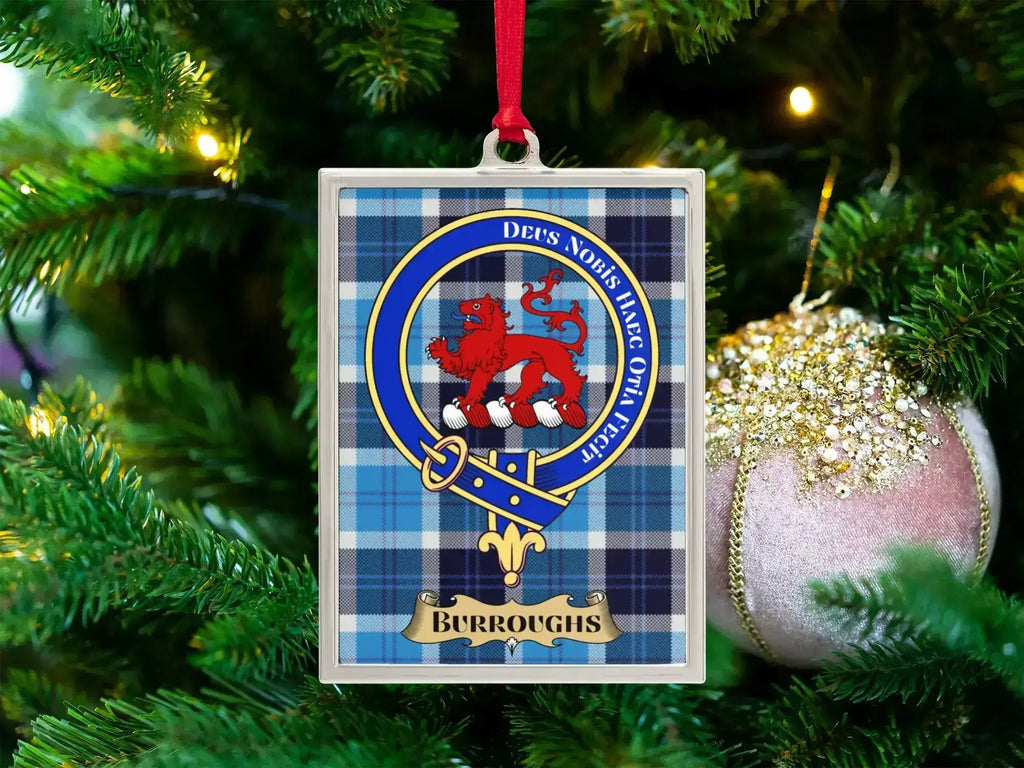 Burroughs clan crest Christmas ornament in a silver frame on a tartan background