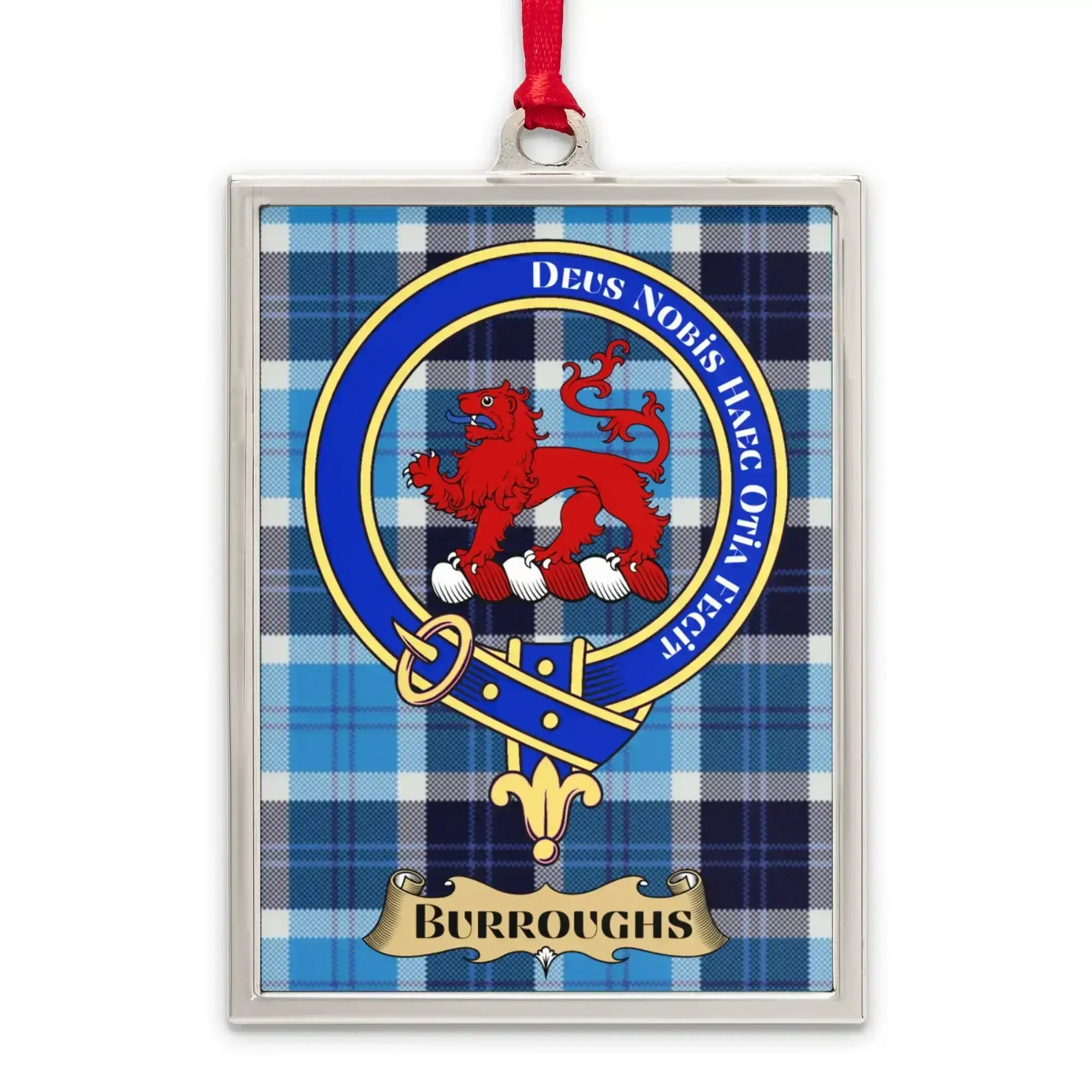 Burroughs tartan-background crest ornament shown as a heritage keepsake gift