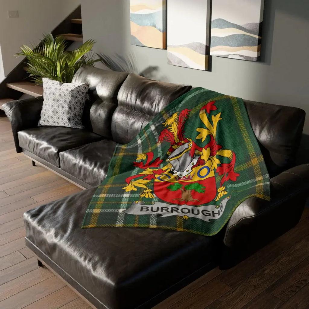 Burrough Coat of Arms Crest on Tartan Couch Blanket