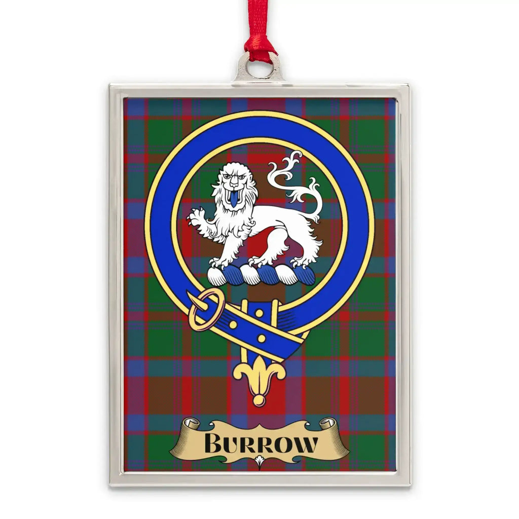 Burrow tartan-background crest ornament shown as a heritage keepsake gift
