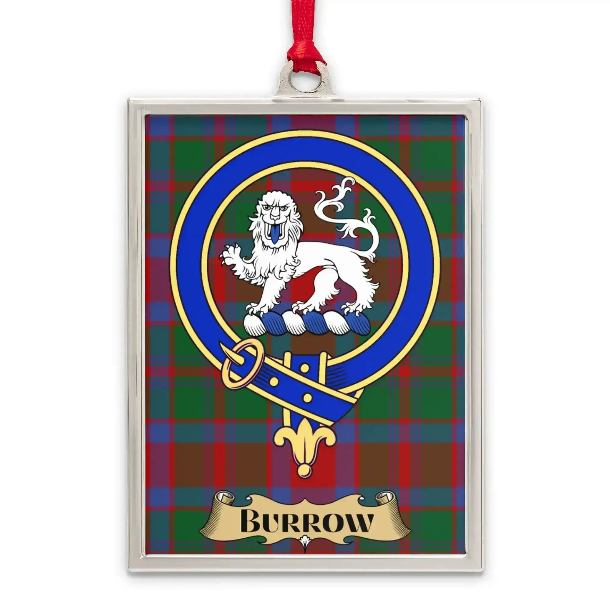 Burrow tartan-background crest ornament shown as a heritage keepsake gift