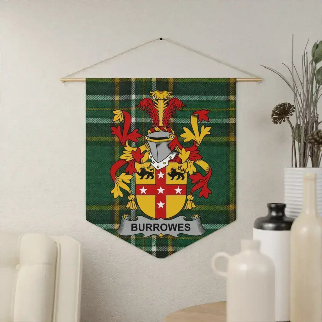 Burrowes Irish family crest pennant on the Irish National Tartan