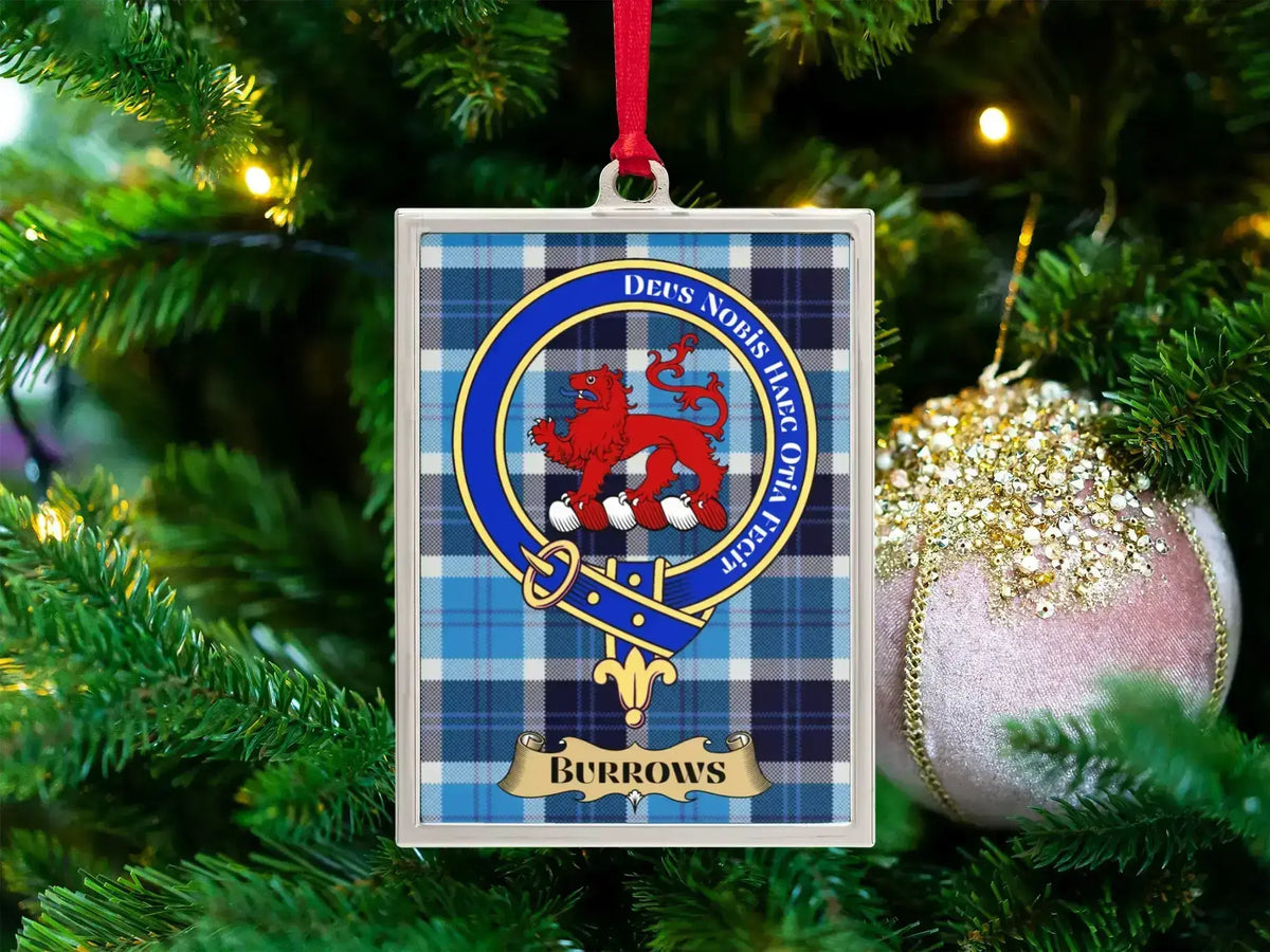 Burrows clan crest Christmas ornament in a silver frame on a tartan background