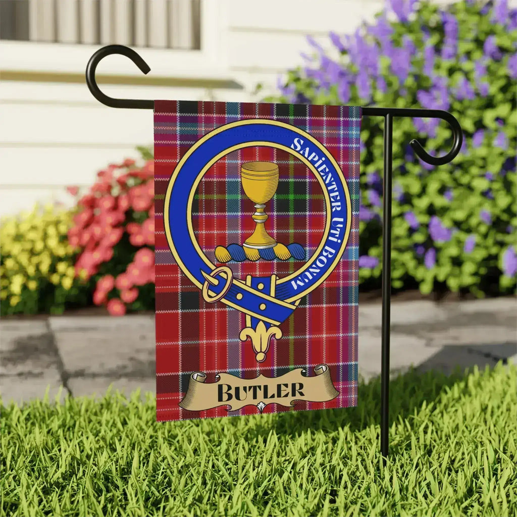 Butler tartan garden flag shown in 12x18 and 24x32 inch sizes