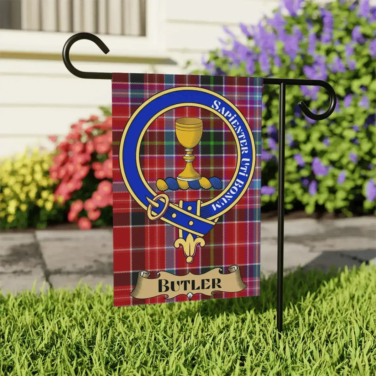 Butler tartan garden flag shown in 12x18 and 24x32 inch sizes