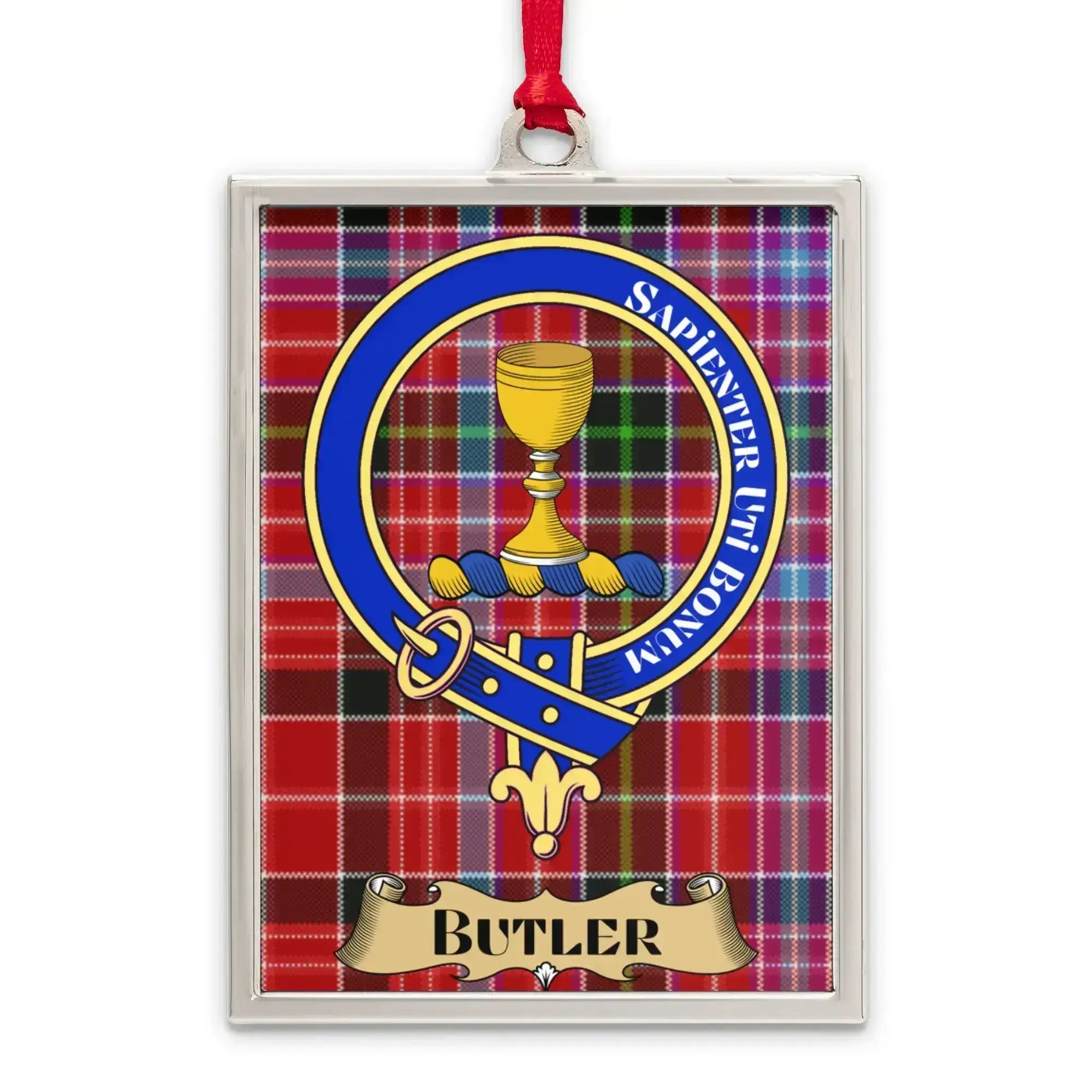 Butler tartan-background crest ornament shown as a heritage keepsake gift