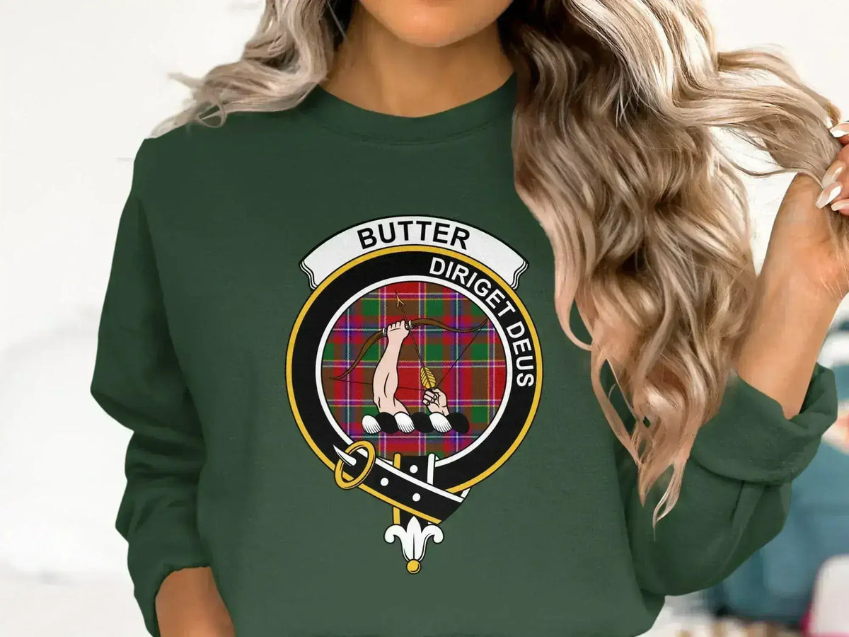 Clan Butter diriget deus logo crewneck sweatshirt — navy fleece, front view