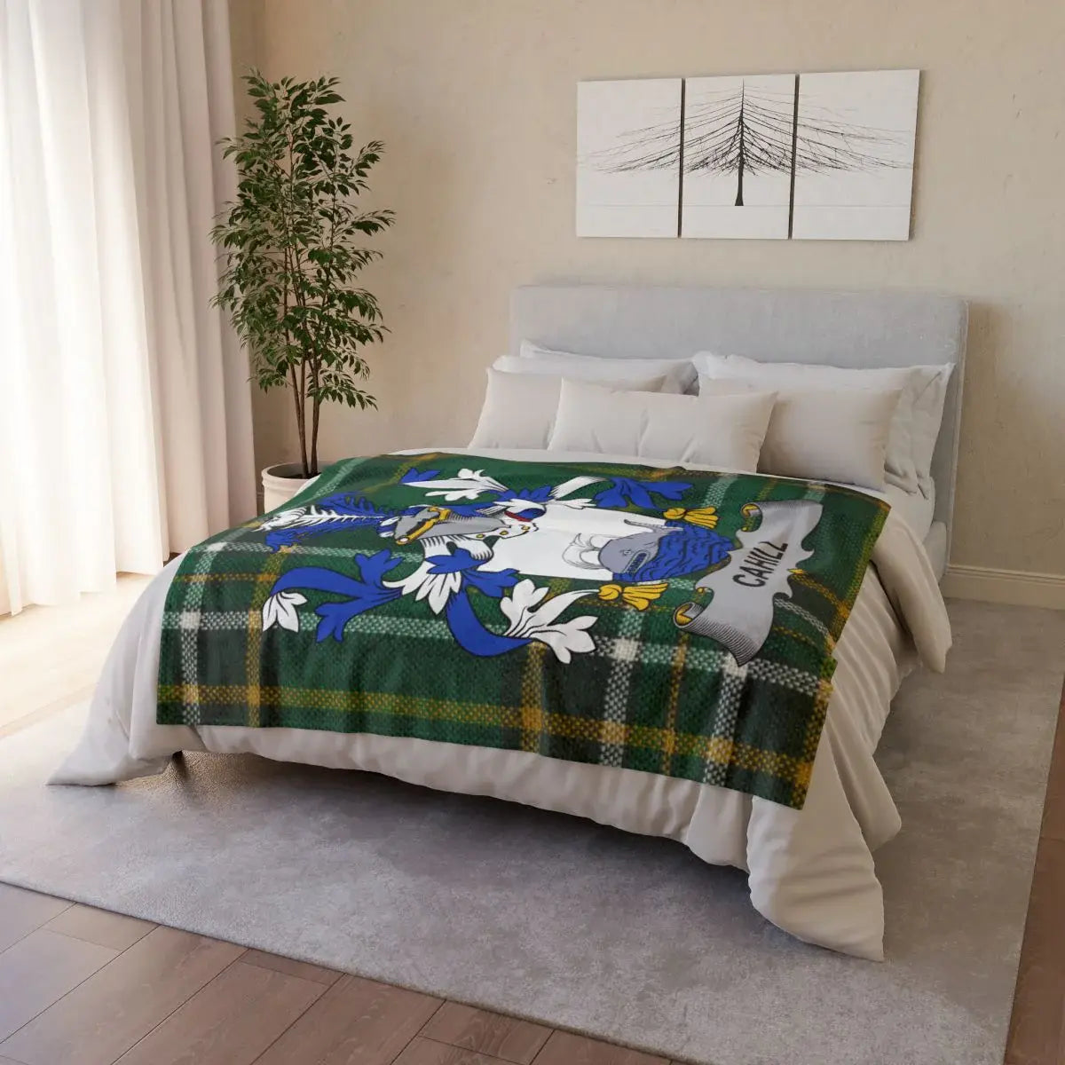 Scottish Clan Crest on Tartan Plaid Bedding Blanket