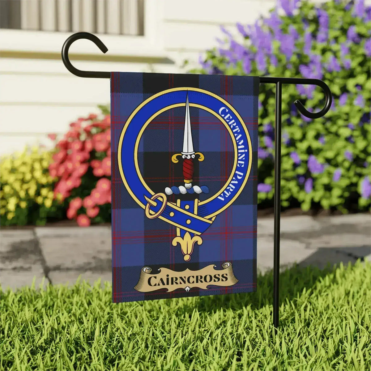 Cairncross tartan garden flag shown in 12x18 and 24x32 inch sizes