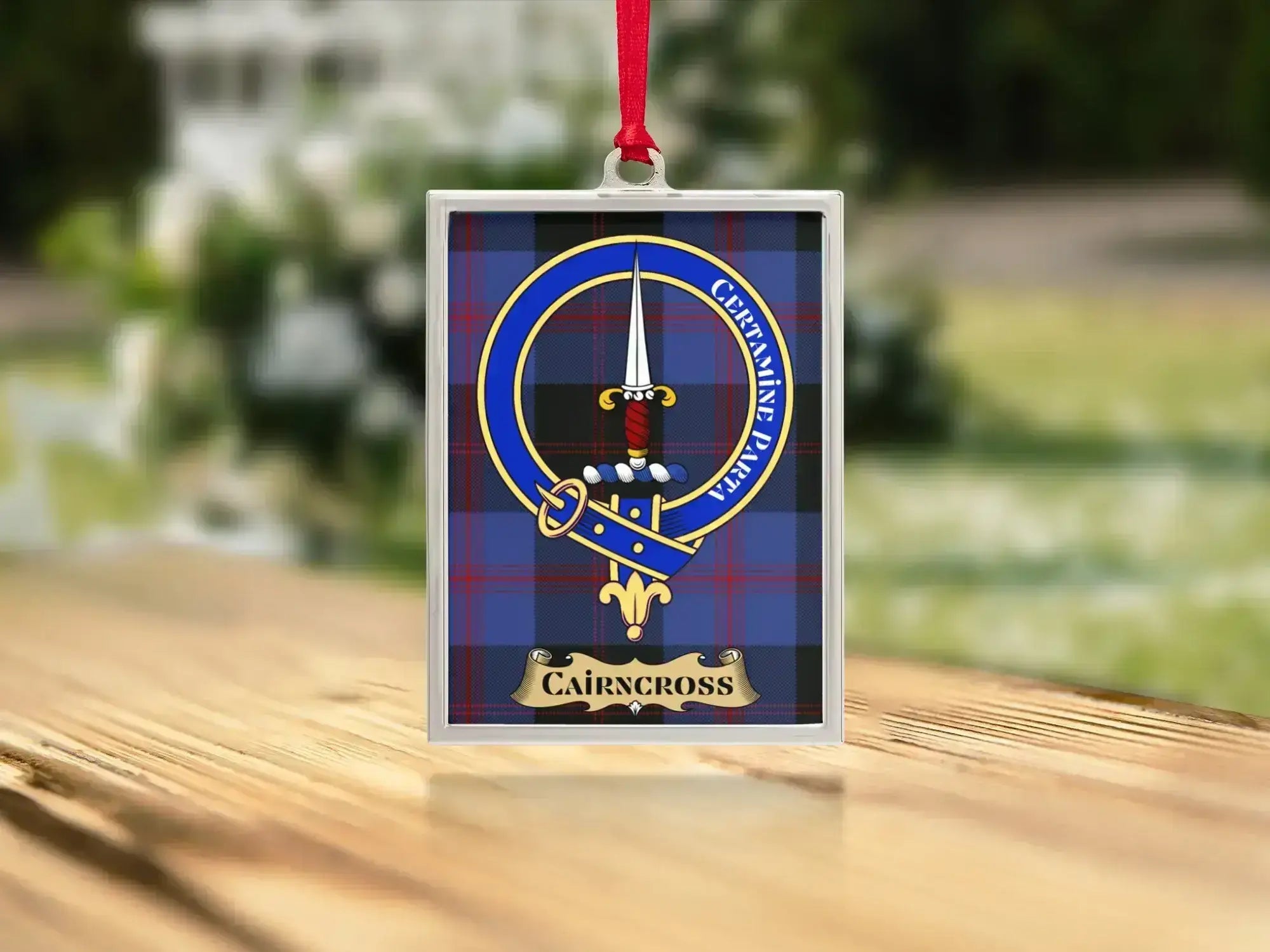 Close-up of the Cairncross family crest on a polished silver-frame metal ornament