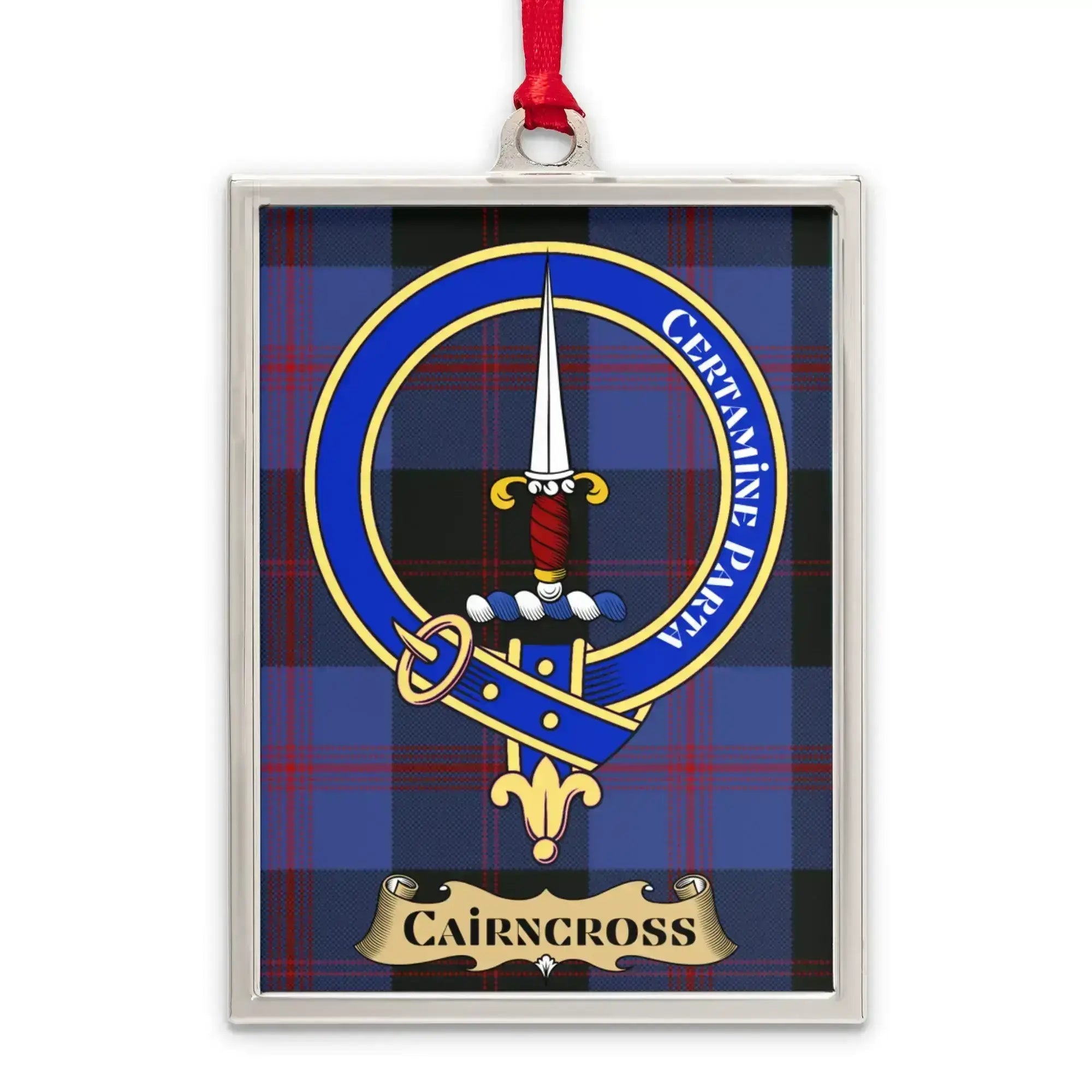 Cairncross tartan-background crest ornament shown as a Scottish heritage keepsake gift