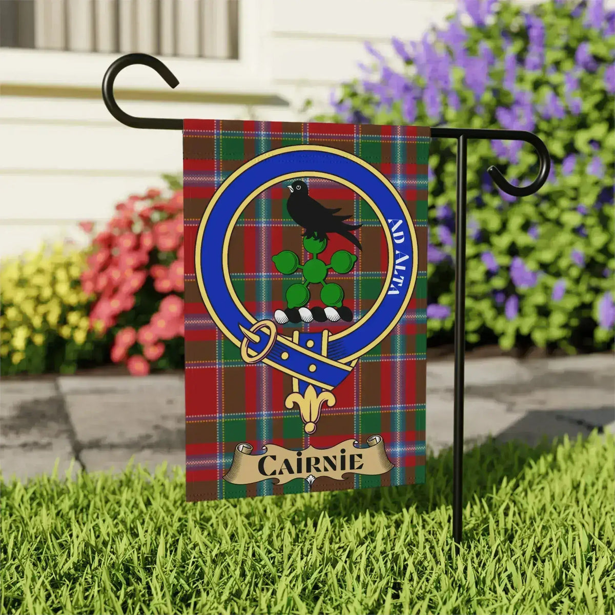 Cairnie tartan garden flag shown in 12x18 and 24x32 inch sizes