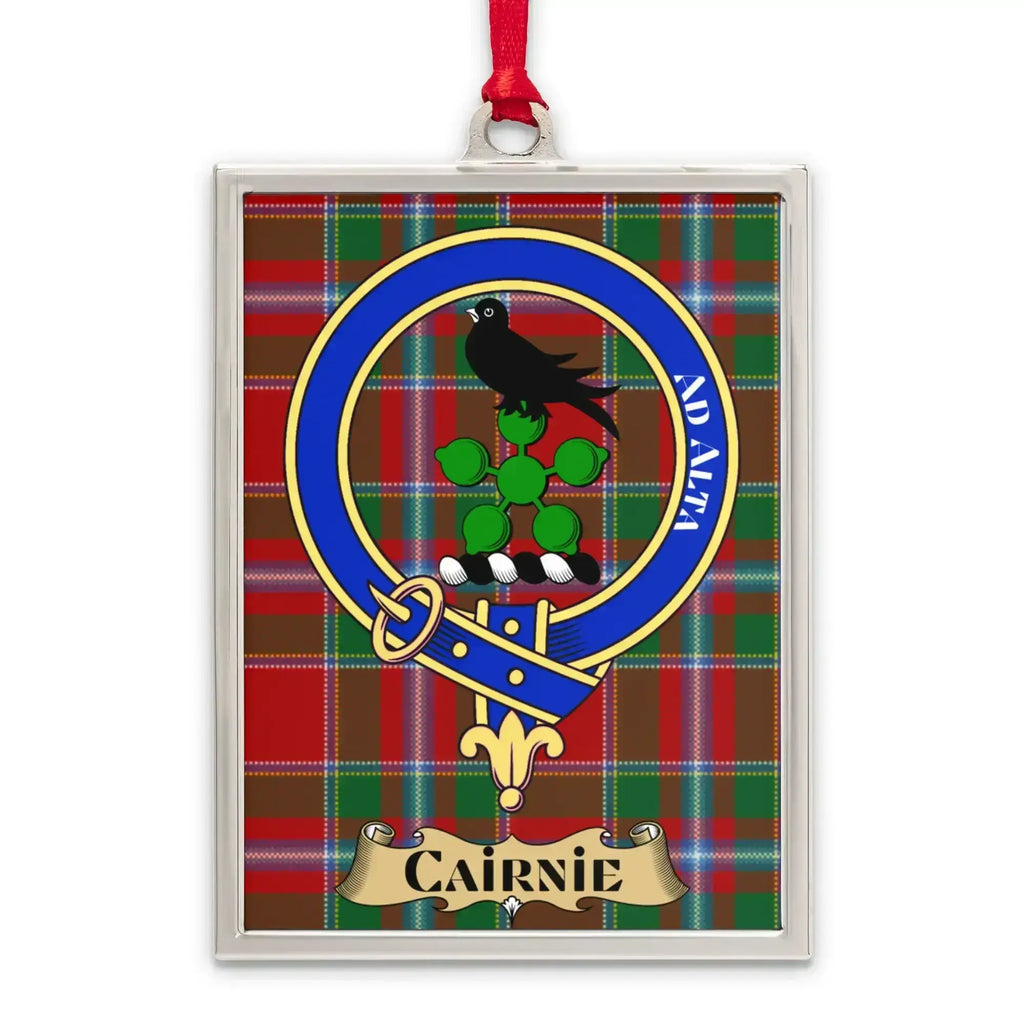 Cairnie tartan-background crest ornament shown as a Scottish heritage keepsake gift
