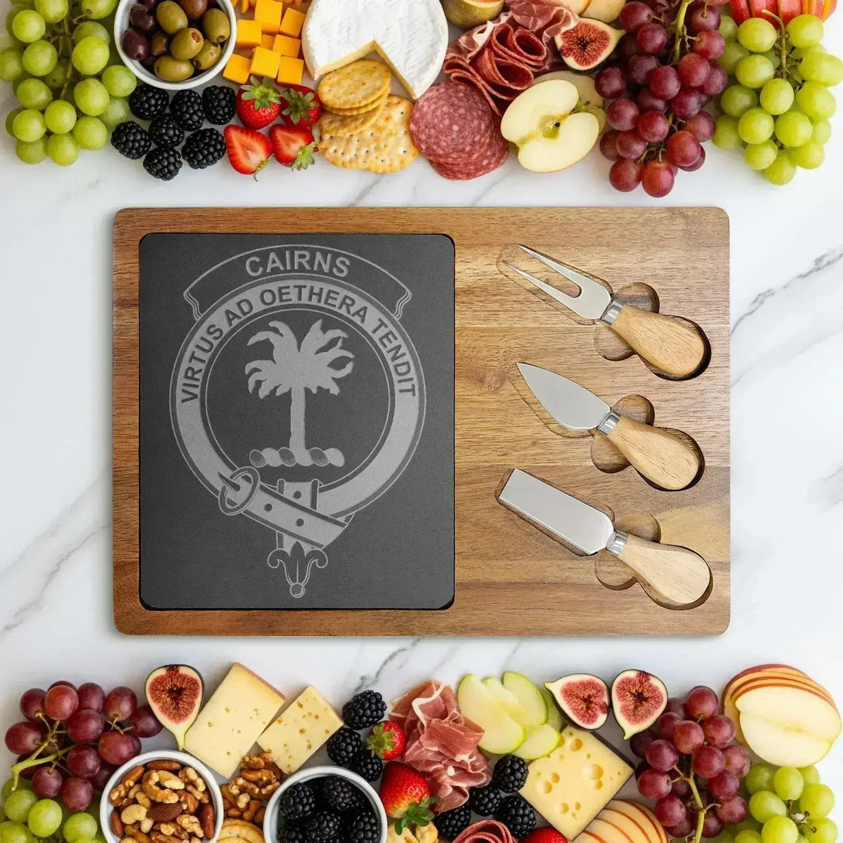Cairns clan crest and Virtus Ad Aethera Tendit engraved on acacia-and-slate board