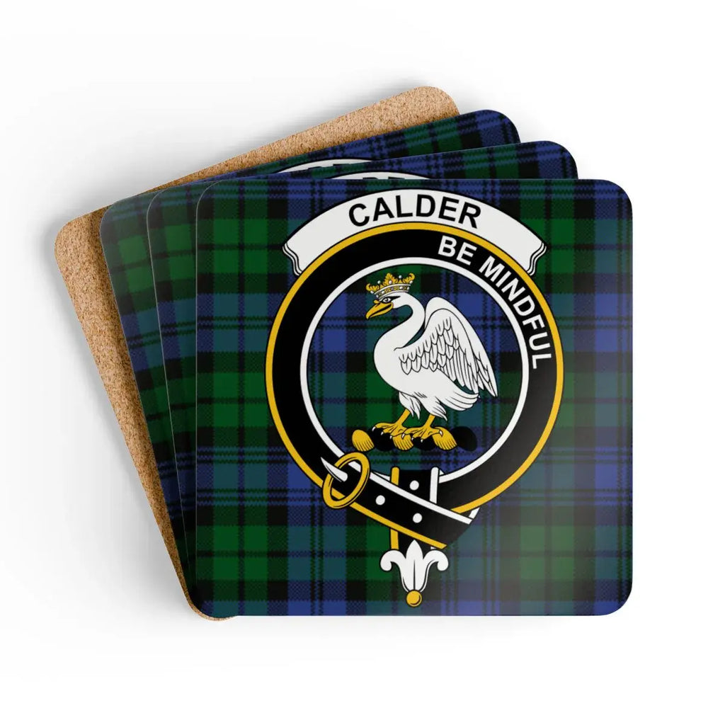Clan Calder be mindful crest tartan coaster set — glossy cork, 3.75 inch square
