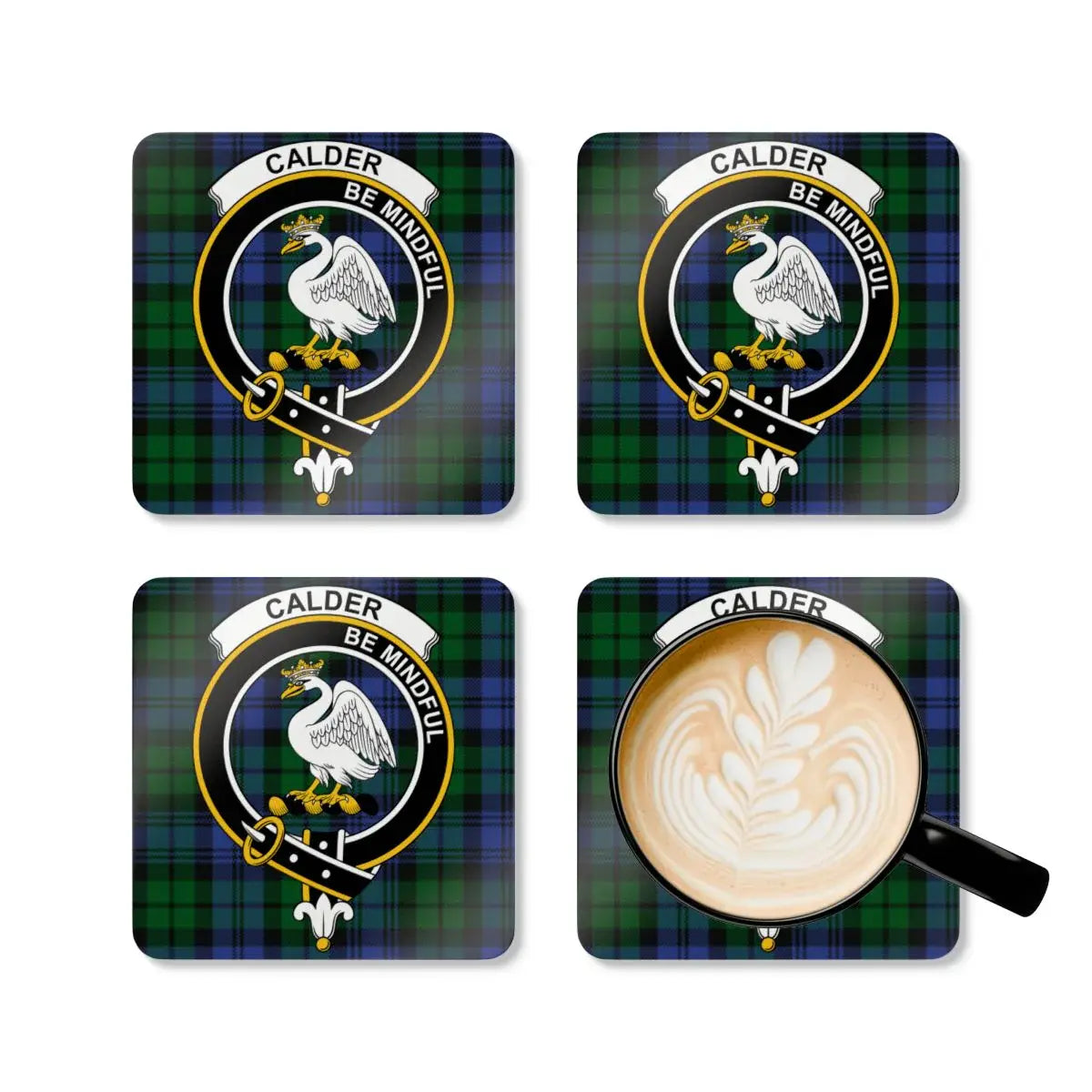 Calder clan plaid coaster set — unique drinkware, natural cork base