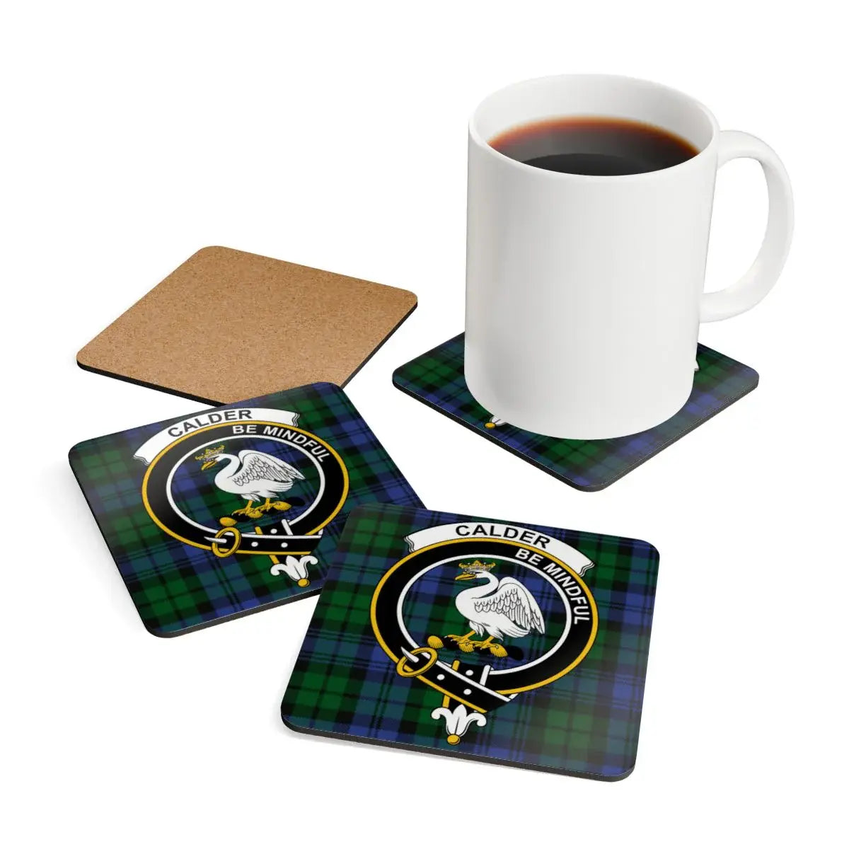 Clan Calder green blue plaid pattern coaster — single detail view