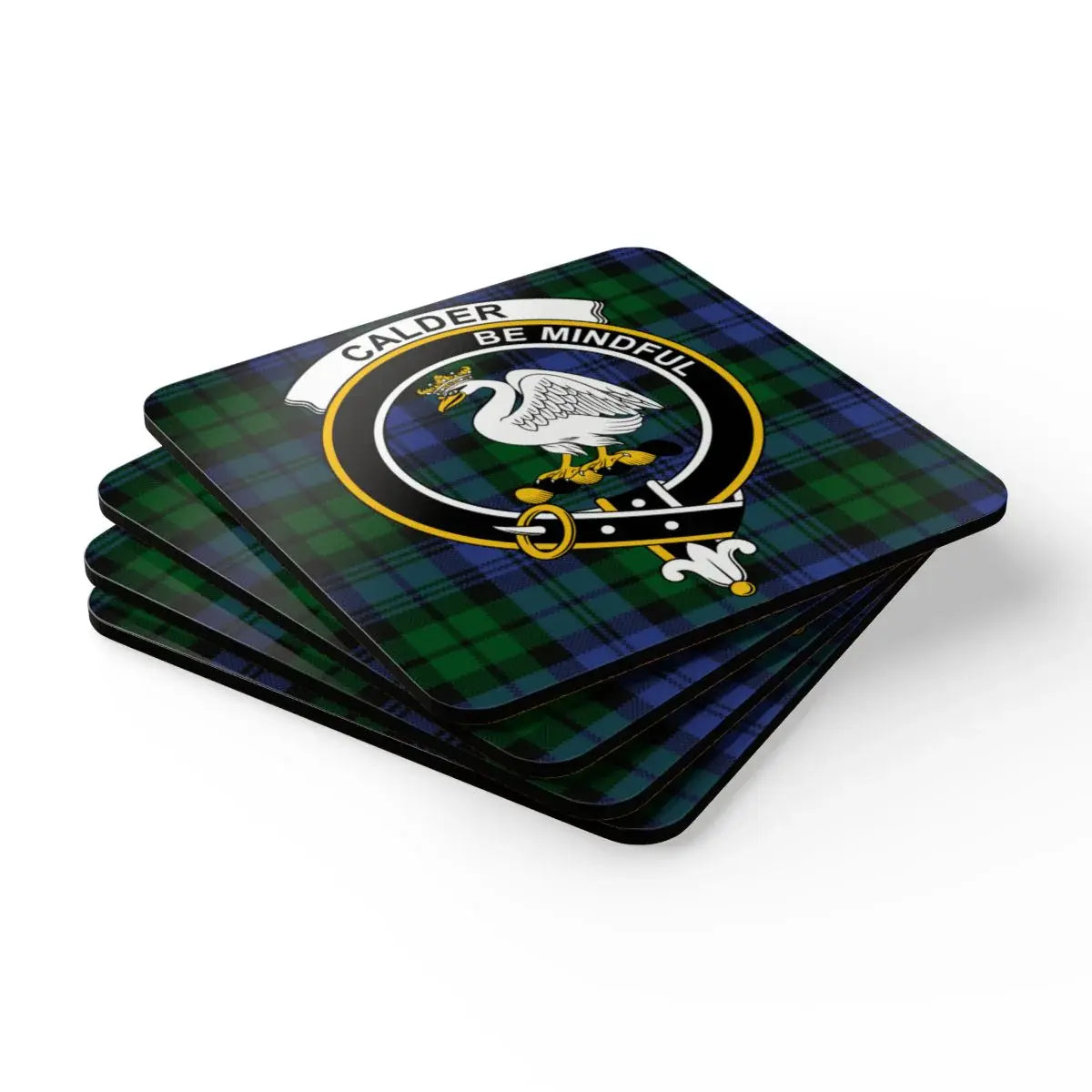 Calder be mindful plaid design square coasters — four coasters on table