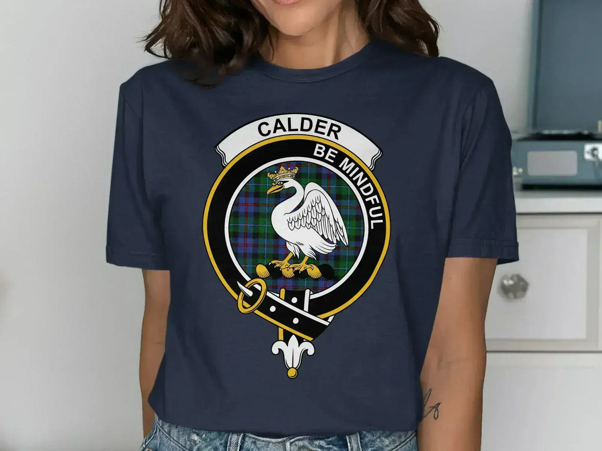 Calder clan crest T-shirt in royal blue with Be Mindful motto