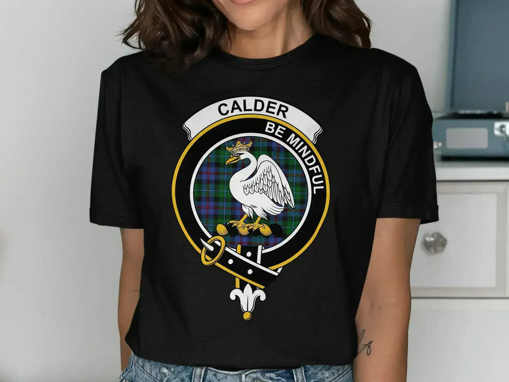 Calder clan crest T-shirt in forest green with Be Mindful motto
