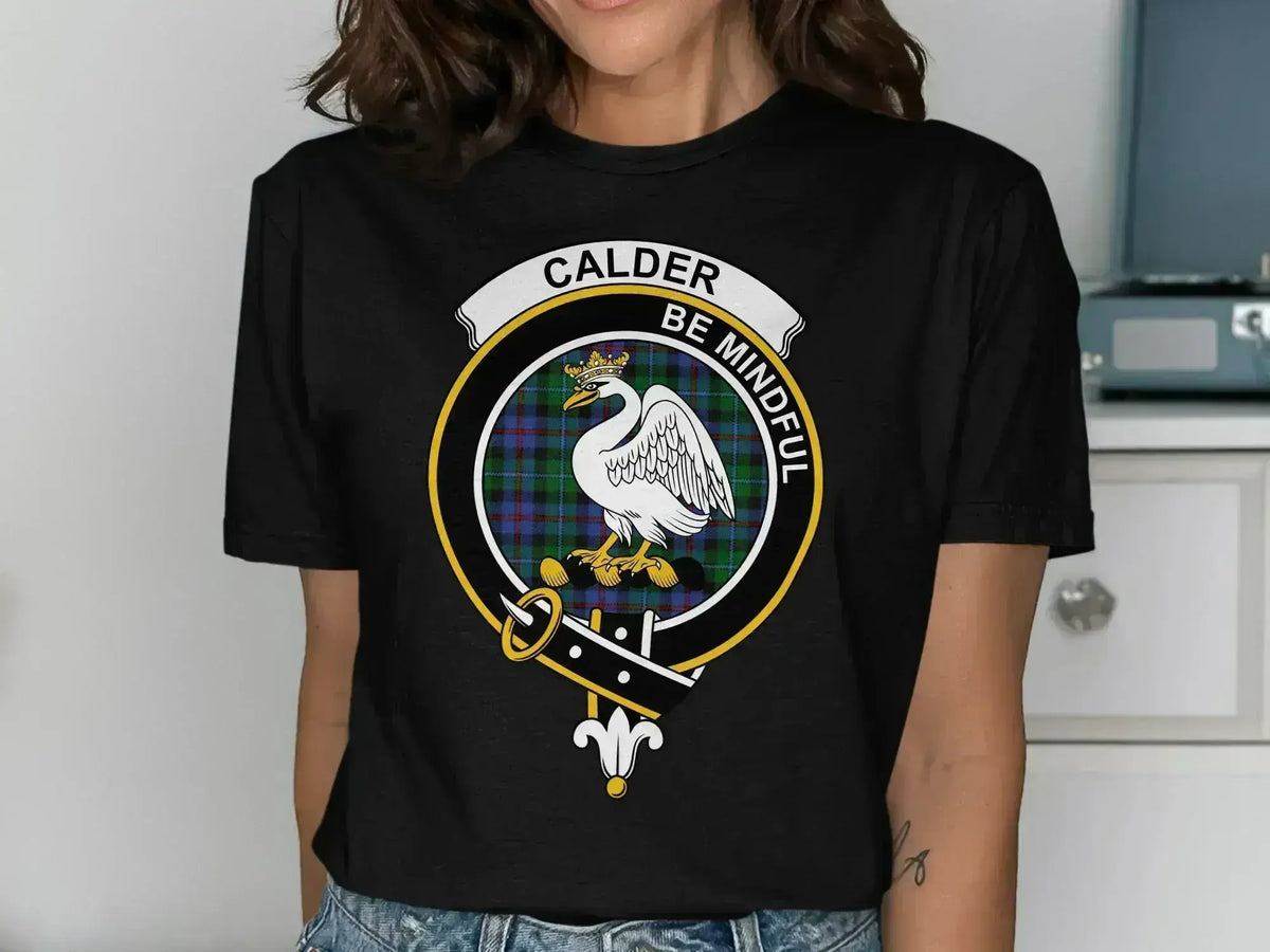 Calder clan crest T-shirt in forest green with Be Mindful motto