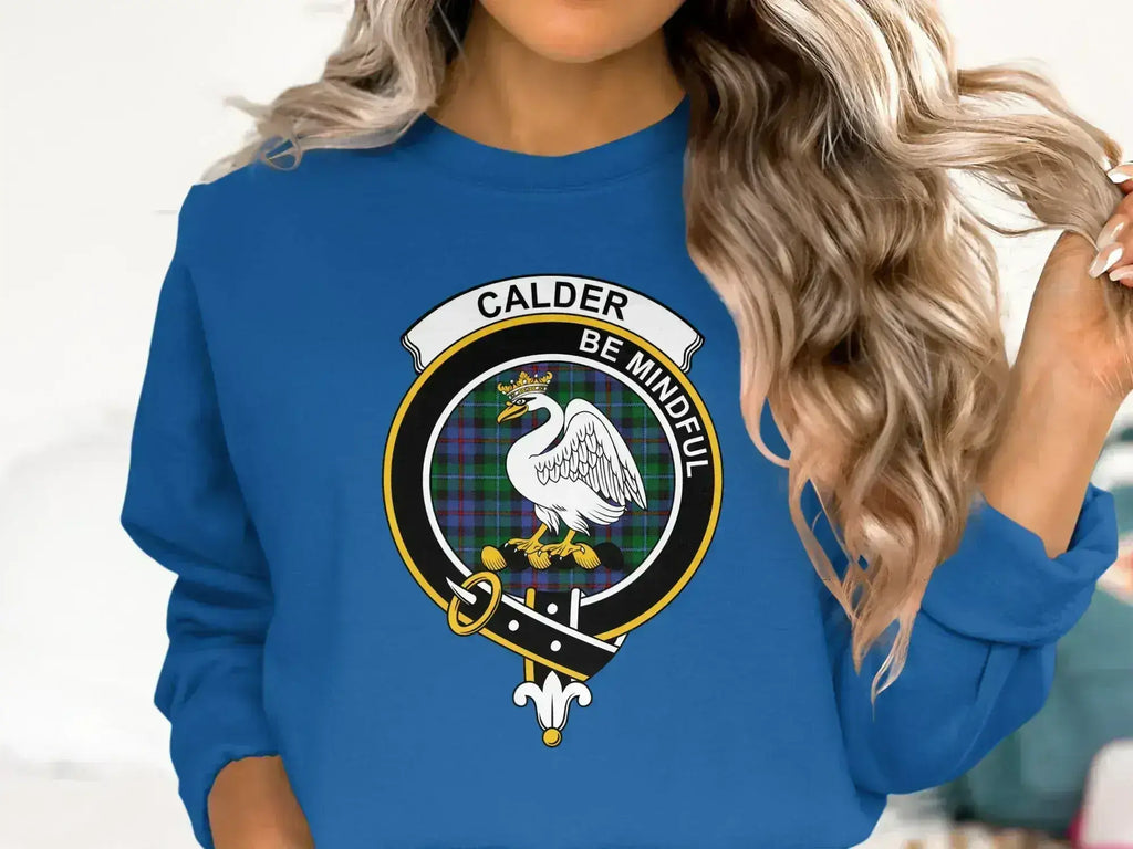 Calder clan crest sweatshirt in royal blue with Be Mindful motto