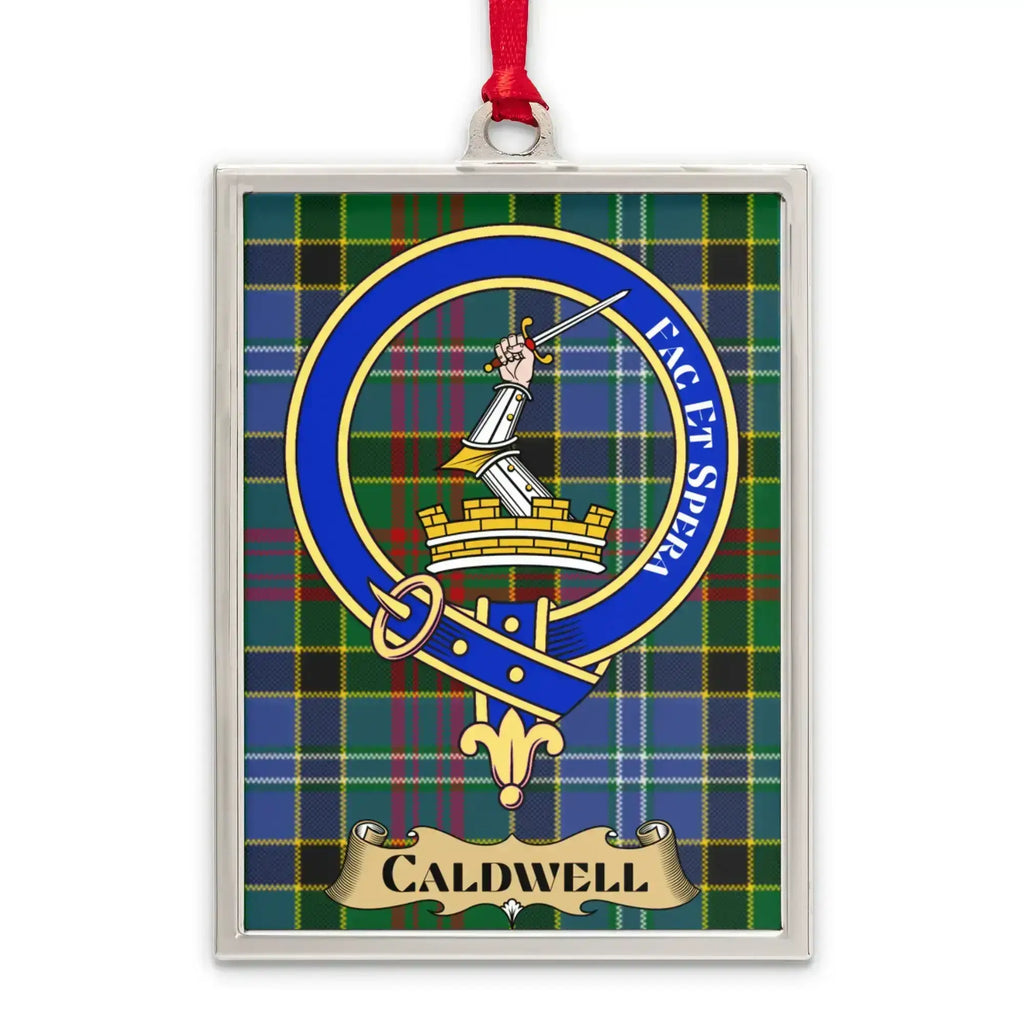 Caldwell tartan-background crest ornament shown as a Scottish heritage keepsake gift
