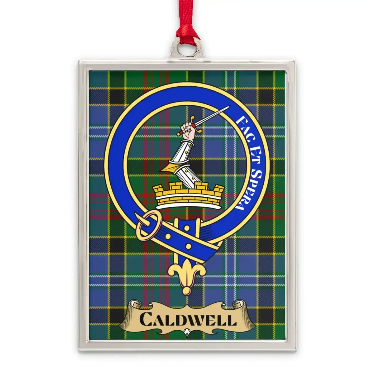 Caldwell tartan-background crest ornament shown as a Scottish heritage keepsake gift