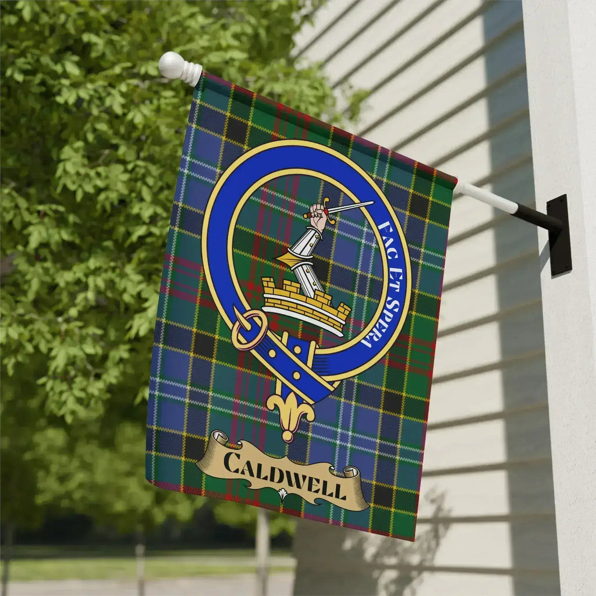 Caldwell clan crest tartan garden flag for outdoor display
