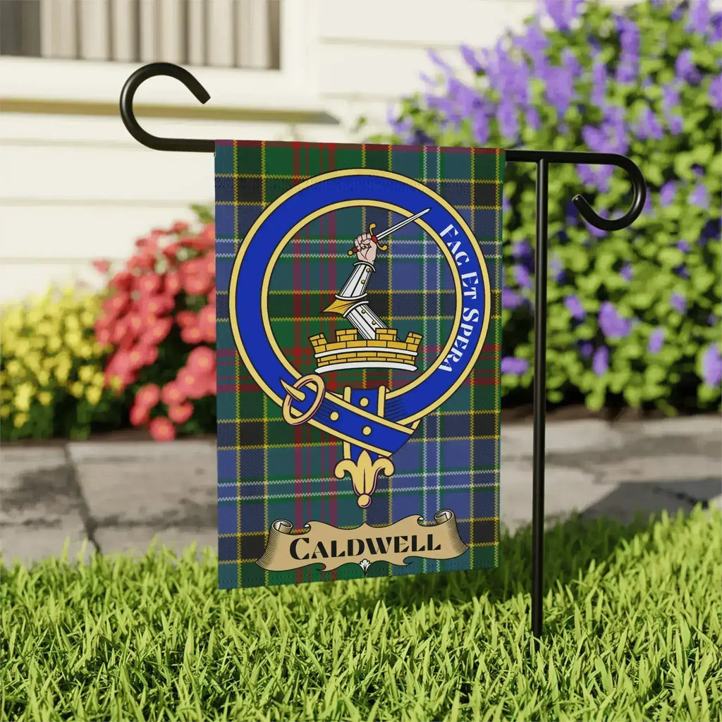 Caldwell tartan garden flag shown in 12x18 and 24x32 inch sizes
