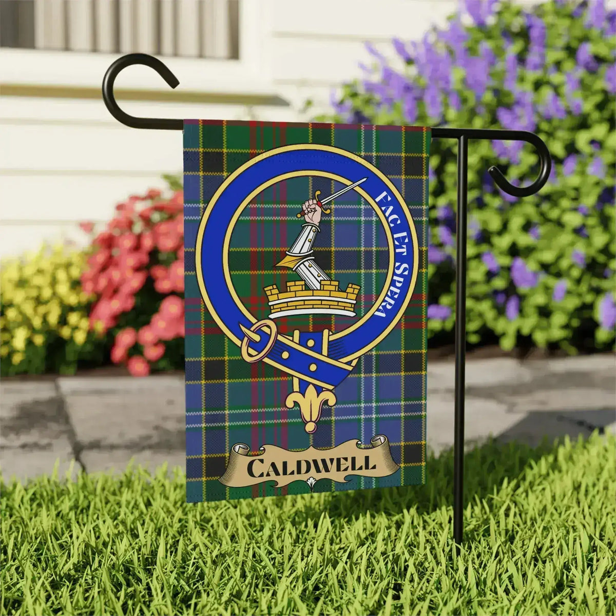 Caldwell tartan garden flag shown in 12x18 and 24x32 inch sizes