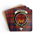 Cameron clan crest tartan coaster set of 4 — natural cork squares with sealed red heraldic design